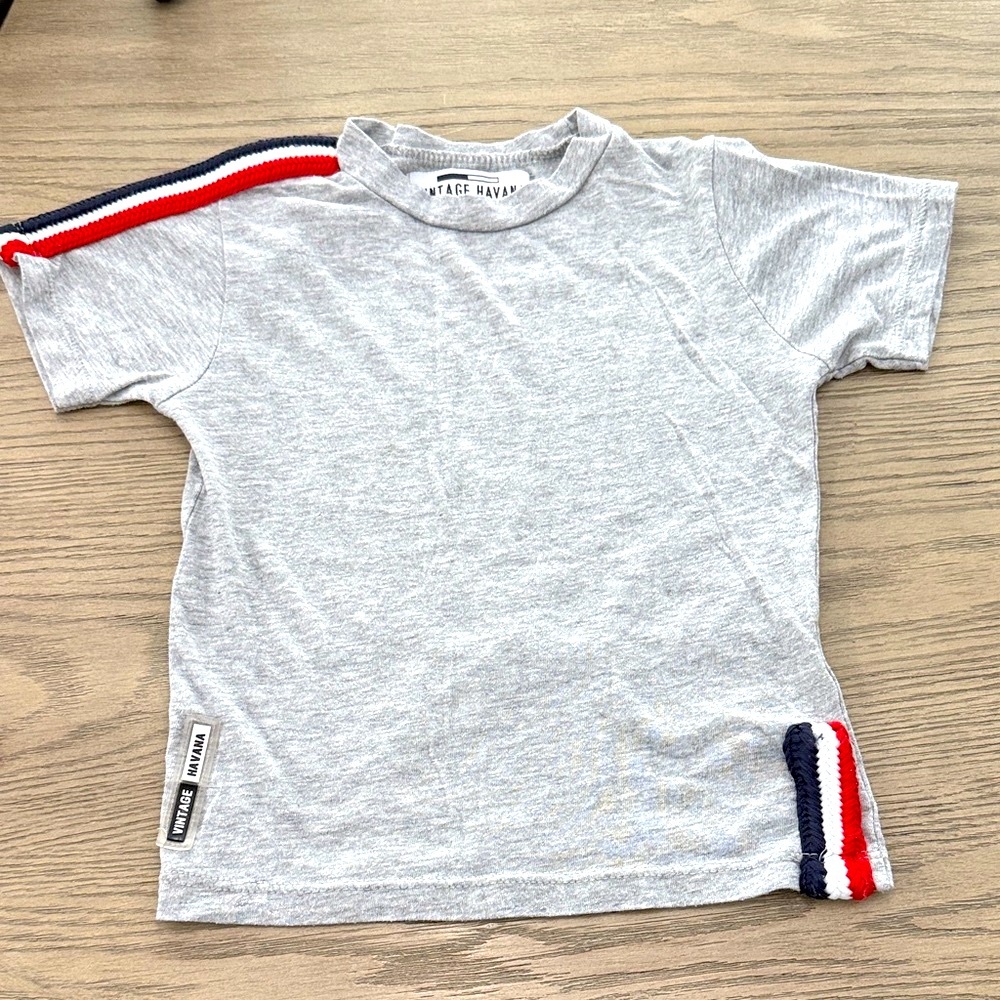 Boys (sz 5/6) Vintage Havana Gray Tee with Red, White and Navy Textured Stripes